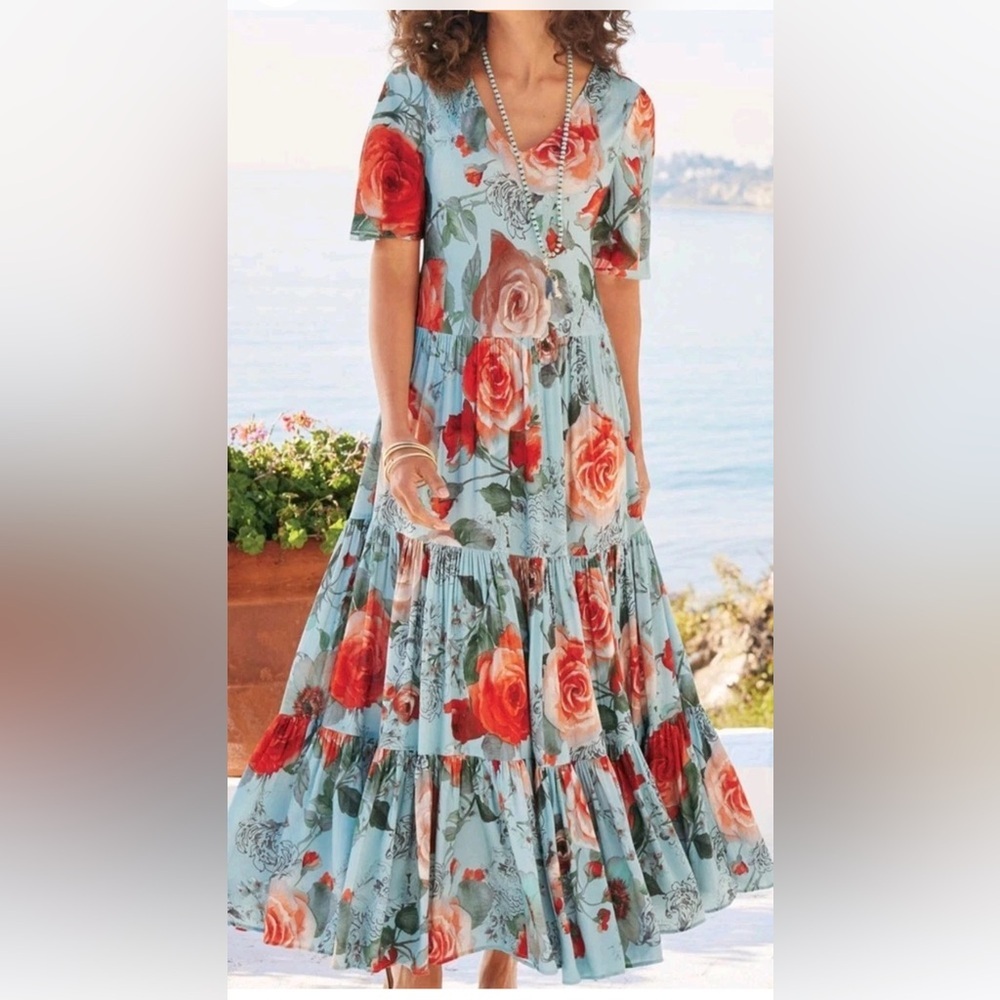 Soft Surroundings First Blooms Tiered Maxi Dress Size Large Petite Floral